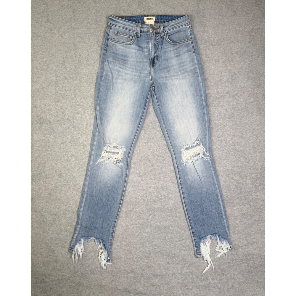 L'AGENCE High Line High Rise Skinny Jeans Light Wash Distressed Raw Hem 26